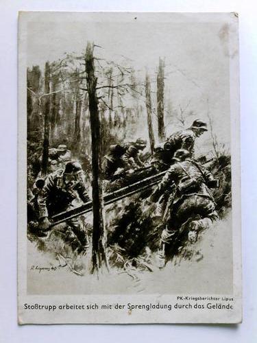 Wehrmacht - Postkarte: Stotrupp arbeitet sich mit der Sprengladung duch das Gelnde - Zeichnung von PK-Kriegsberichter Lipus