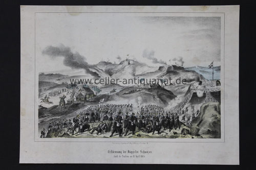Deutsche Einigungskriege/Deutsch-Dnischer Krieg - Colorierte Lithografie, betitelt: Erstrmung der Dppeler Schanzen durch die Preuen am 18. April 1864