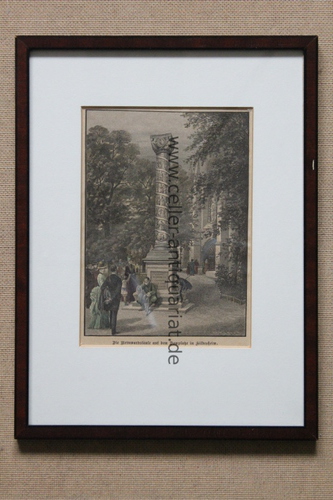 Hildesheim - Die Bernwardssule auf dem Domplatze in Hildesheim - Teilcolorierter Holzschnitt von Kahoex (?)