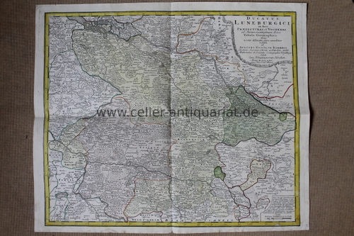 Lneburg - Landeskarte / Bhme, Augusto Gottlob  (1719-1797) - Ducatus Luneburgici in fuas Prfecturas et Vogteyas ad Statum recentissimum divisi Tabula Geographia nunc noviter delineata atqve emendatior reddita ab Augusto Gottlob Boehmio - Handcolorierte Original-Kupferstichkarte