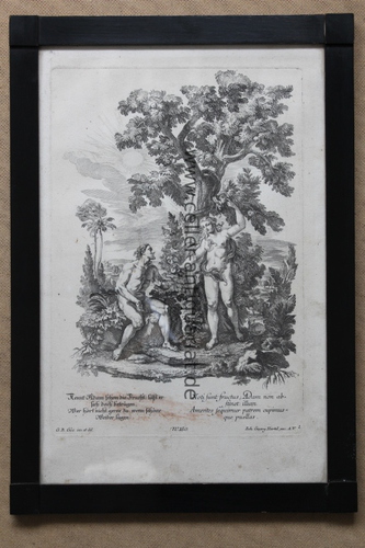 Gz, Gottfried Bernhard (1708 - 1774) - Adam, Eva und die Schlange. Untertitelt: Kennt Adam schon die Frucht; lt er sich doch betrgen, Wer hrt nicht gerne zu, wenn schne Weiber lgen - Original-Kupferstich