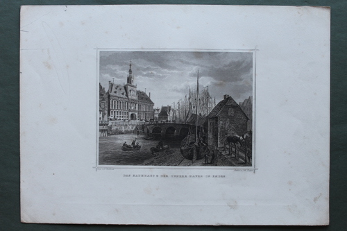 Poppel, Joh. - Das Rathaus & der innere Hafen in Emden. Stahlstich, gezeichnet von L. Rohbock