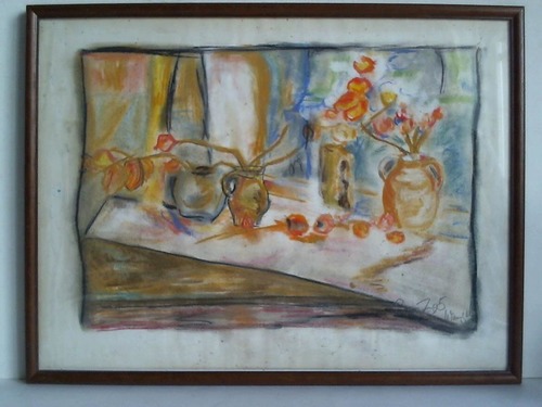 Stillleben - Blumen in der Festerbank - Original Pastellkreide-Zeichnung