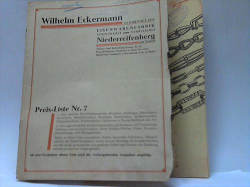 W. Eckermann Eisenwarenfabrik/Niederreifenberg - Preis-Liste Nr. 7 ber smtliche Rohrbefestigungsteile, Heizungsrohrschellen usw.