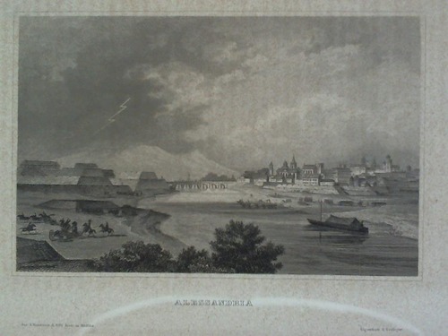 (Italien) - Alessandria, Flussansicht mit Blick auf eine Festungsanlage und die Stadt,  bei aufziehendem Gewitter - Stahlstich