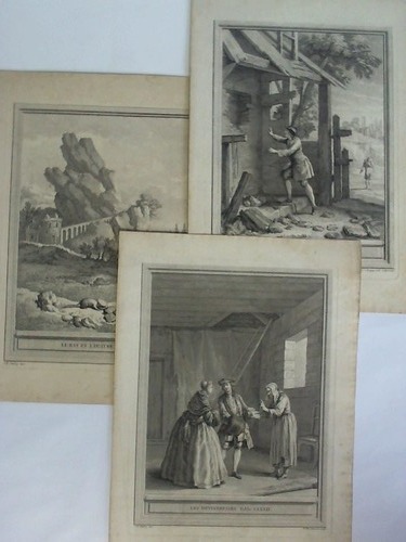 La Fontaine, Jean de (Hrsg.) - Le trsor et les deux hommes von C. Baquoy / Les Devineresses von P. MArtenasie / Le rat et L'Huitre von Chedel - 3 Radierungen, nach J.B. Oudry