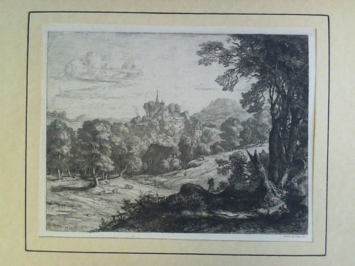 Becker, Peter (1828, Frankfurt am Main - 1904, Soest) - Holzhausen im Taunus, Blick auf die Landschaft mit Dorf und Burg - Original-Radierung