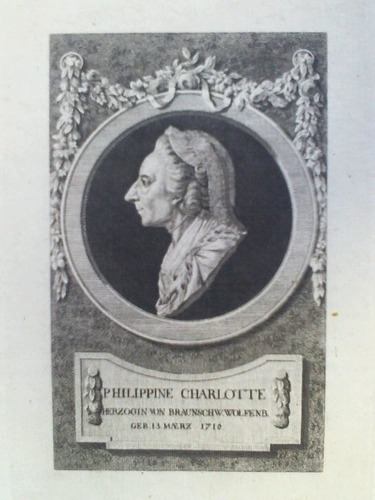 Preuen, Philippine Charlotte von (1716 - 1801) - Philippine Charlotte, Herzogin von Braunschw. Wolfenb., geb. 13. Maerz 1716 - Brustportrt im Profil, Kupferstich