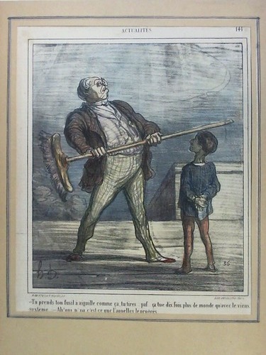 Daumier, Honore (1808, Marseille - 1879, Valmondois, Val-dOise) - Tu prends ton fusil  aiguille comme ca, tu tires.. paf.. ca tue dix fois plus de monde qu'avec le vieux systme.. Ah! oui p' pa c'est ce quc t'appelles le progres - Farbige Lithographie