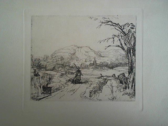 Rembrandt van Rijn (1606 - 1669) - Landschaft mit Mann, Angelrute und Hund, im Hintergrund Stadt und Berge - Heliografie nach der Original-Radierung um 1650