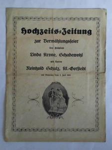 (Hochzeitszeitung) - Hochzeits-Zeitung zur Vermhlungsfeier des Frulein Lind Krone, Schadewohl mit Herrn Reinhold Schulz, Kl.-Gerstedt, am Dienstag, dem 9. Juli 1935