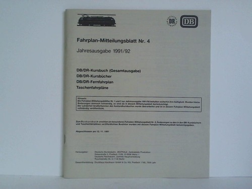 Deutsche Bundesbahn, Mainz (Hrsg.) - Fahrplan-Mitteilungsblatt Nr. 4 - Jahresausgabe 1991/92