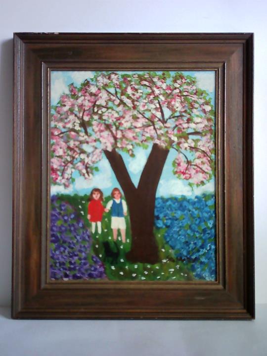 Marx, Sophia (1896 - 1985) - Paar auf Blumenwiese mit blhendem Baum und Katze - Naive lmalerei auf Leinwand