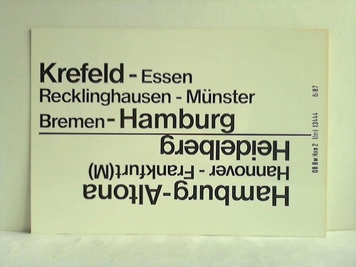 Deutsche Bundesbahn - Zuglaufschild - Krefeld - Essen, Recklinghausen - Mnster, Bremen - Hamburg / Hamburg - Altona, Hannover - Frankfurt (M), Heidelberg / Mannheim, Saarbrcken - Heidelberg, Mannheim