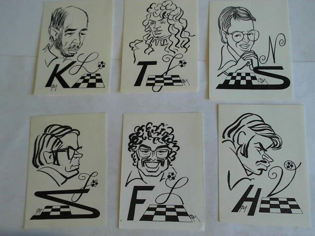(Sachy) - Mezinarodni Turnaj Velmistru Praha 1990. Sechs Portrait-ansichtskarten in Karikatur von bekannten Schach-Gromeistern