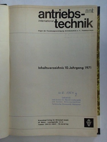 Antriebstechnik International (ant) - Organ der Forschungsvereinigung Antriebstechnik e. V., Frankfurt/Main - 10. Jahrgang 1971