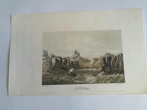 St. Helena - Longwood, Napoleons`s Wohnung. Blick vom Meer aus auf St. Helena und Boote auf tobender See. Farbige Lithographie von Schwabe. Druck von H. Osti