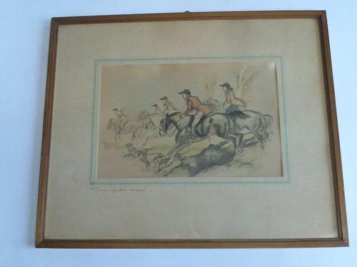 Fischer, Carl Ernst (1900 - 1974) - Fuchsjagd. Colorierte Lithographie. Signiert und datiert (46). Um 1950