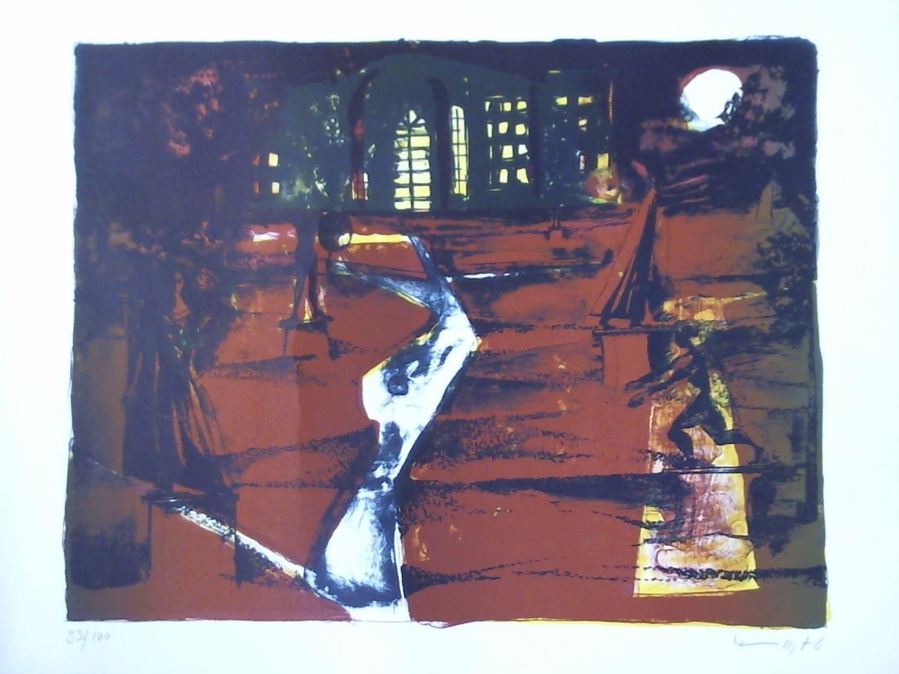 Benninghoff, Volker (1921, Hamburg - 2009) - Parkansicht im Mondschein mit Skulpturen, im Hintergrund ein Haus mit erleuchteten Fenstern - Lithographie
