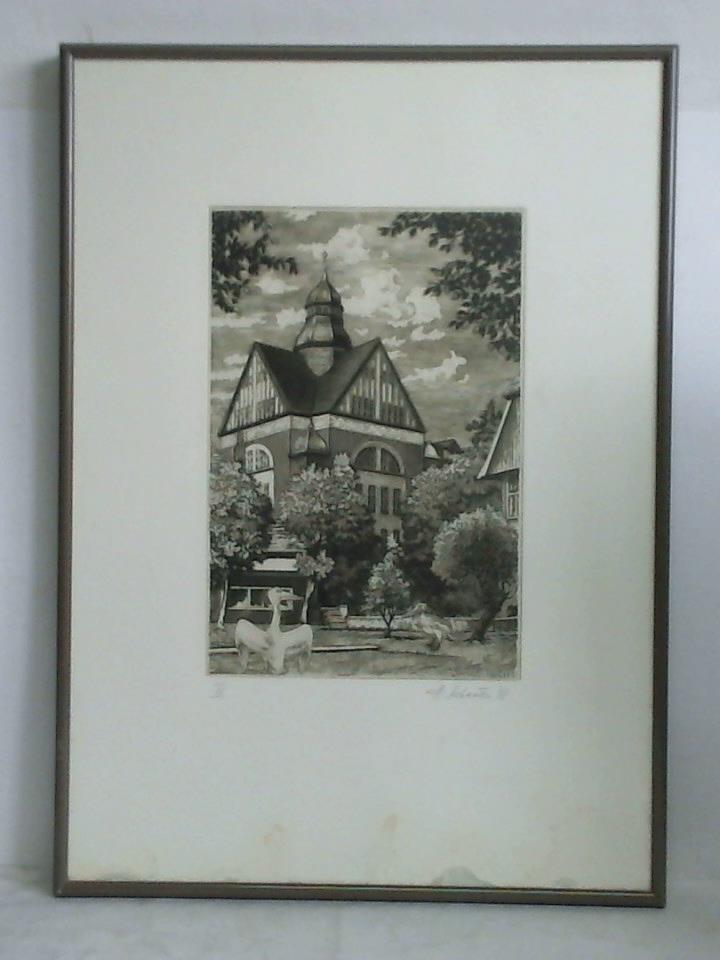 Pelikan Tintenturm mit zwei Pelikanen im Vordergrund - Original Lithographie