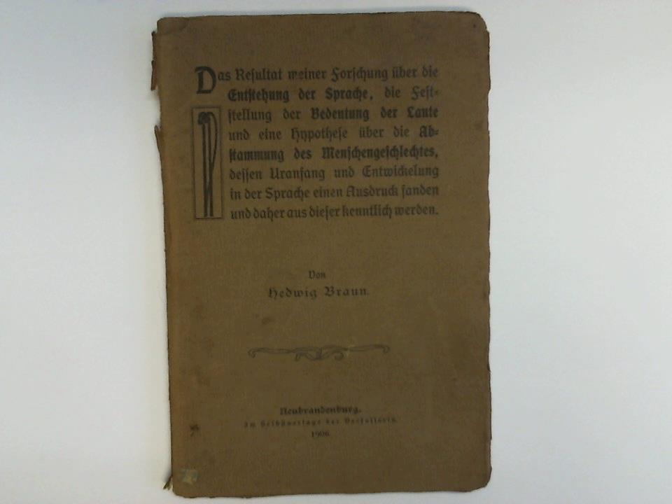 Das Resultat meiner Forschung über die Entstehung der Sprache, die Feststellung der Bedeutung der Laute und einer Hypothese über die Abstammung des Menschengeschlechtes, dessen Uranfang und Entwicklung in der Sprache einen Ausdruck fanden und daher aus dieser kenntlich werden