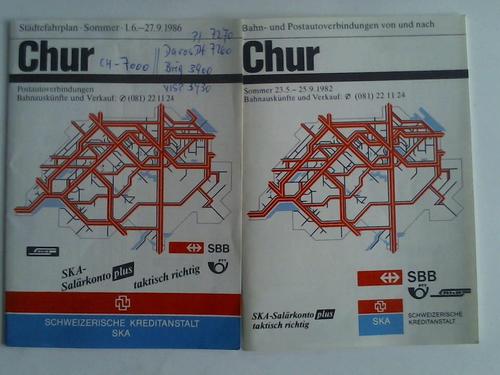 SBB- Schweizerische Bundesbahnen (Hrsg.) - Chur. Stdtefahrplan Sommer 23.5. - 25.9.1982. Bahn- und Postverbindungen von und nach Chur/ Chur. Stdtefahrplan Sommer 1.6. - 27.9.1986. 2 Faltbroschren