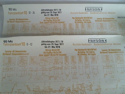 Bundesbahndirektion Mnchen - Fahrplanblatt 10 / Jahresfahrplan 1977/78. Gltig vom 25. Sept. 1977 bis 27. Mai 1978 - Bildfahrplan (10) fr den Zeitraum 0 - 12 Uhr / 12 - 24 Uhr