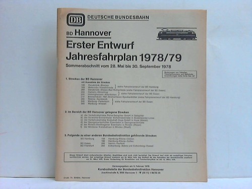 Deutsche Bundesbahn (Hrsg.) - BD Hannover - Erster Entwurf Jahresfahrplan 1978/79. Sommerabschnitt vom 28. Mai bis 30. September 1978