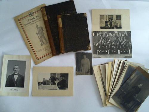 Fieke, Karl (Altenau 1857-Claustal Zellerfeld 1945) - Kleiner Fotonachlass mit einem Liederblatt und 2 Bchern. 22 original Fotographien von Karl Fieke, seiner Frau und der Familie (ca. 1920-1943) Ein gefaltetes Notenblatt mit patriotischem Text Feldgrau Deutsches Armee-Lied 1914 fr Gesang und Klavier. Der im Weltkrieg 1914 zum erstenmal in der neuen feldgrauen Uniform ins Feld gerckten Deutschen Armee gewidmet von Karl Fieke. Karl Fiekes Verlag, Clausthal im Harz in erster Ausgabe