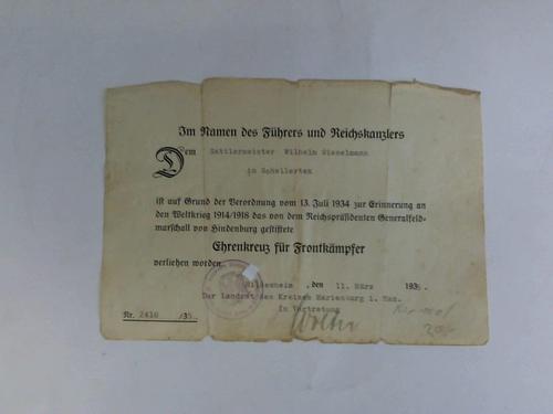 Landrat des Kreises Marienburg in Hannover - Urkunde zur Verleihung des Ehrenkreuz fr Frontkmpfer