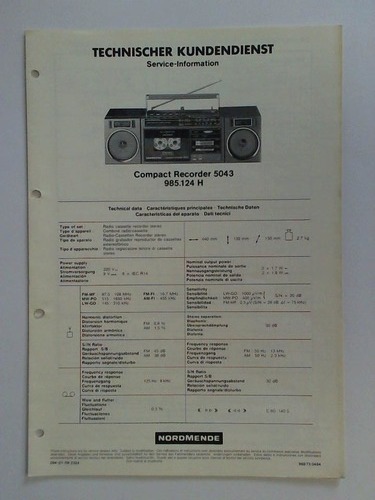 Nordmende, Bremen (Hrsg.) - Technischer Kundendienst. Service-Information: Compact Recorder 5043 985.124 H