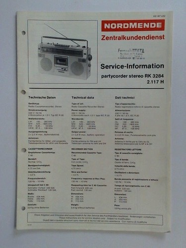 Nordmende, Bremen (Hrsg.) - Nordmende Zentralkundendienst. Service-Information: partycorder stereo RK 3284 2.117 H