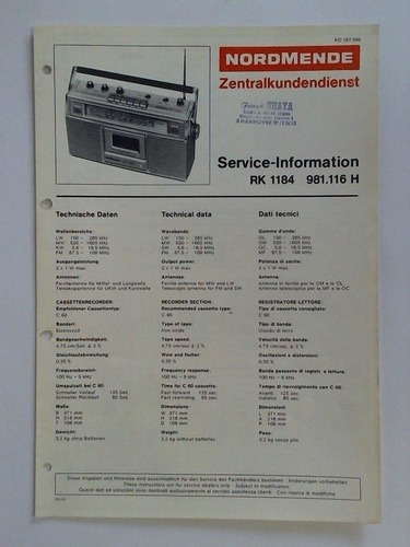 Nordmende, Bremen (Hrsg.) - Nordmende Zentralkundendienst. Service-Information: RK 1184 981.116 H