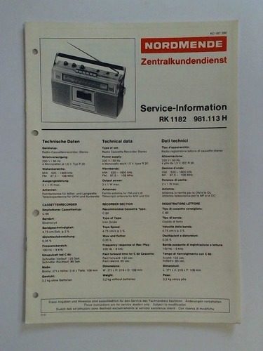 Nordmende, Bremen (Hrsg.) - Nordmende Zentralkundendienst. Service-Information: RK 1182 981.113 H