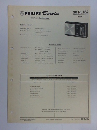 Deutsche Philips GmbH, Hamburg - Service-Zentrale (Hrsg.) - Philips Service: 90 RL 184 Rock. UKW/MW - Taschensuper