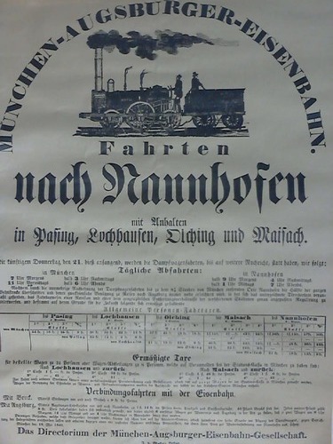 Mnchen-Augsburger-Eisenbahn-Gesellschaft, Das Directorium (Hrsg.) - Plakat: Mnchen-Augsburger-Eisenbahn-Gesellschaft. Fahrten nach Nannhofen mit Anhalten in Pasing, Lochhausen, Olching und Maisach