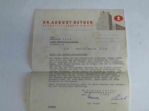 (Oetker, Dr. August, Nhrmittelfabrik) - Maschinengeschriebener Brief 17 Zeilen. datiert 16.9.(19)49 mit Briefkopf in rot/braun