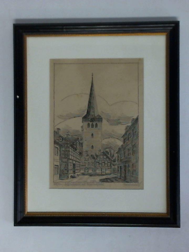 Uelzen, Achterstrasse mit Marienkirche - Federzeichnung