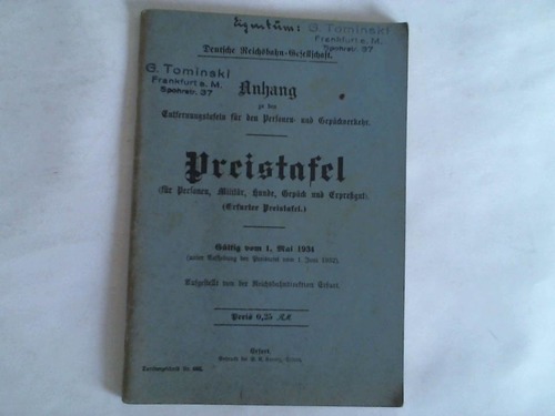 (Deutsche Reichsbahn-Gesellschaft) - Preistafel (fr Personen, Militr, Hunde, Gepck und Expregut). Gltig vom 1. Mai 1934