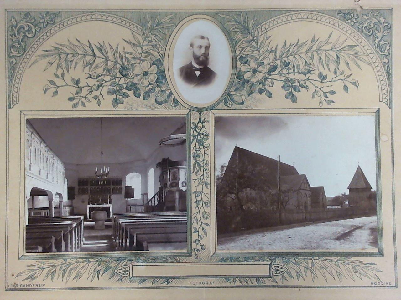 (Eldingen / Kreis Celle) - Photopanorama mit drei Original-Aufnahmen: Brustportrt des Pfarrers (im ovalen Ausschnitt), Innenraum der Kirche und Dorfstrae mit Kirche, auf eine dekorative Atelierpappe montiert