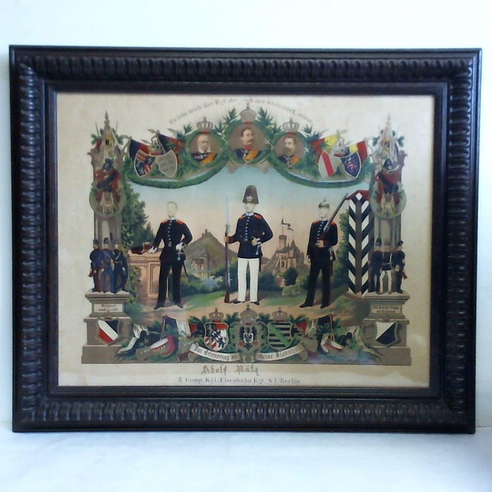 Es lebe hoch! das Rgt:, das sich mit Stolz das 1. nennt - Zur Erinnerung an meine Dienstzeit Adolf Pätz, 8. Comp: Kgl: Eisenbahn Rgt. N 1 (Berlin). Prächtig gestaltete, altcolorierte Lithographie