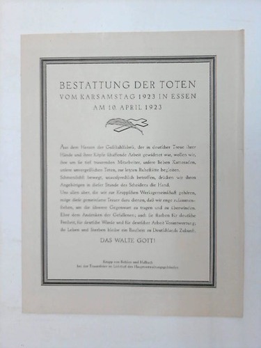 Krupp AG, Essen ((Hrsg.) - Bestattung der Toten vom Karsamstag 1923 in Essen, am 10. April 1923. Krupp von Bohlen und Halbach bei der Trauerfeier im Lichthof des Hauptverwaltungsgebudes