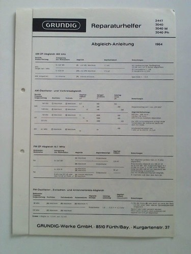 Grundig Reparaturhelfer - 2447, 3040, 3040 M, 3040 Ph. Abgleich-Anleitung 1964