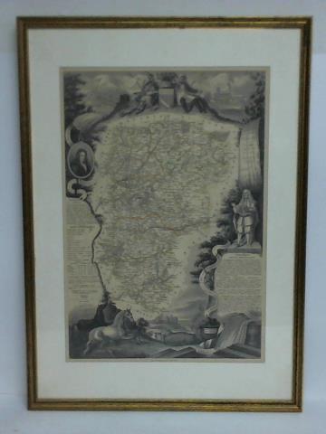 (Laon / Frankreich) - Teils grenzkolorierte Karte von Laon und Umgebung mit Artikeln, die dort produziert wurden - Kupferstich