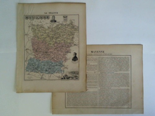 Mayenne (Frankreich) - Colorierte lithographische Karte mit schnen klaren Detailansichten. Wappen, Persnlichkeiten und Ortsansicht
