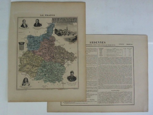 Ardennes (Frankreich) - Colorierte lithographische Karte mit schnen klaren Detailansichten. Wappen, Persnlichkeiten und Ortsansicht