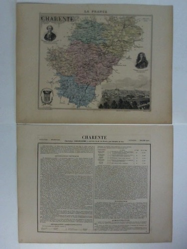 Charente (Frankreich) - Colorierte lithographische Karte mit schnen klaren Detailansichten. Wappen, Persnlichkeiten und Ortsansicht