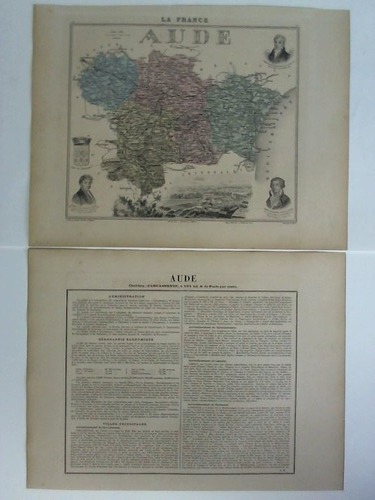 Aude (Frankreich) - Colorierte lithographische Karte mit schnen klaren Detailansichten. Wappen, Persnlichkeiten und Ortsansicht