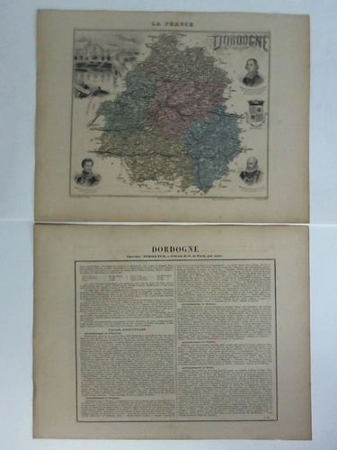 Dordogne (Frankreich) - Colorierte lithographische Karte mit schnen klaren Detailansichten. Wappen, Persnlichkeiten und Ortsansicht