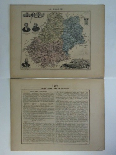 Lot (Frankreich) - Colorierte lithographische Karte mit schnen klaren Detailansichten. Wappen, Persnlichkeiten und Ortsansicht